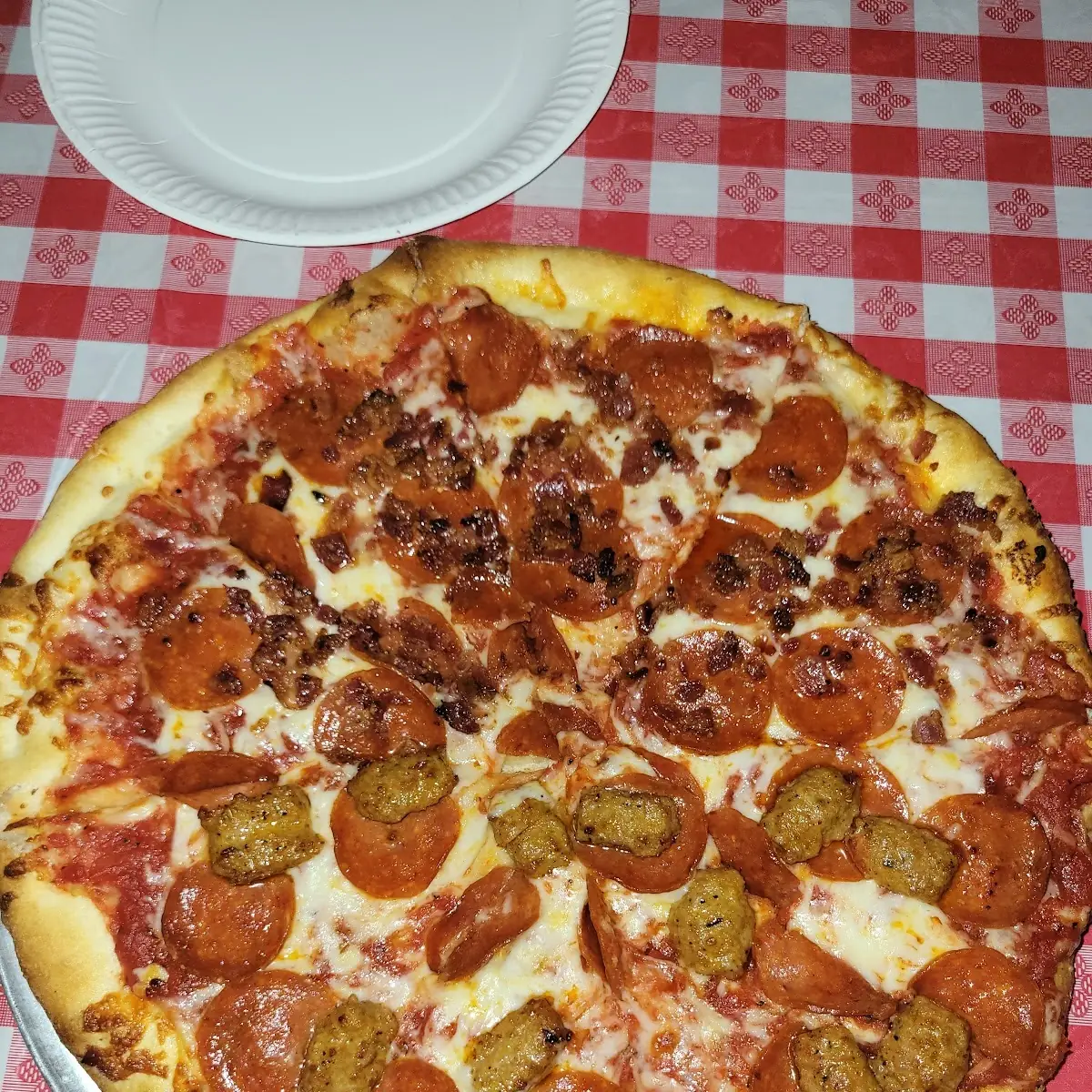 Pepperoni Half Bacon Half Sausage Pizza