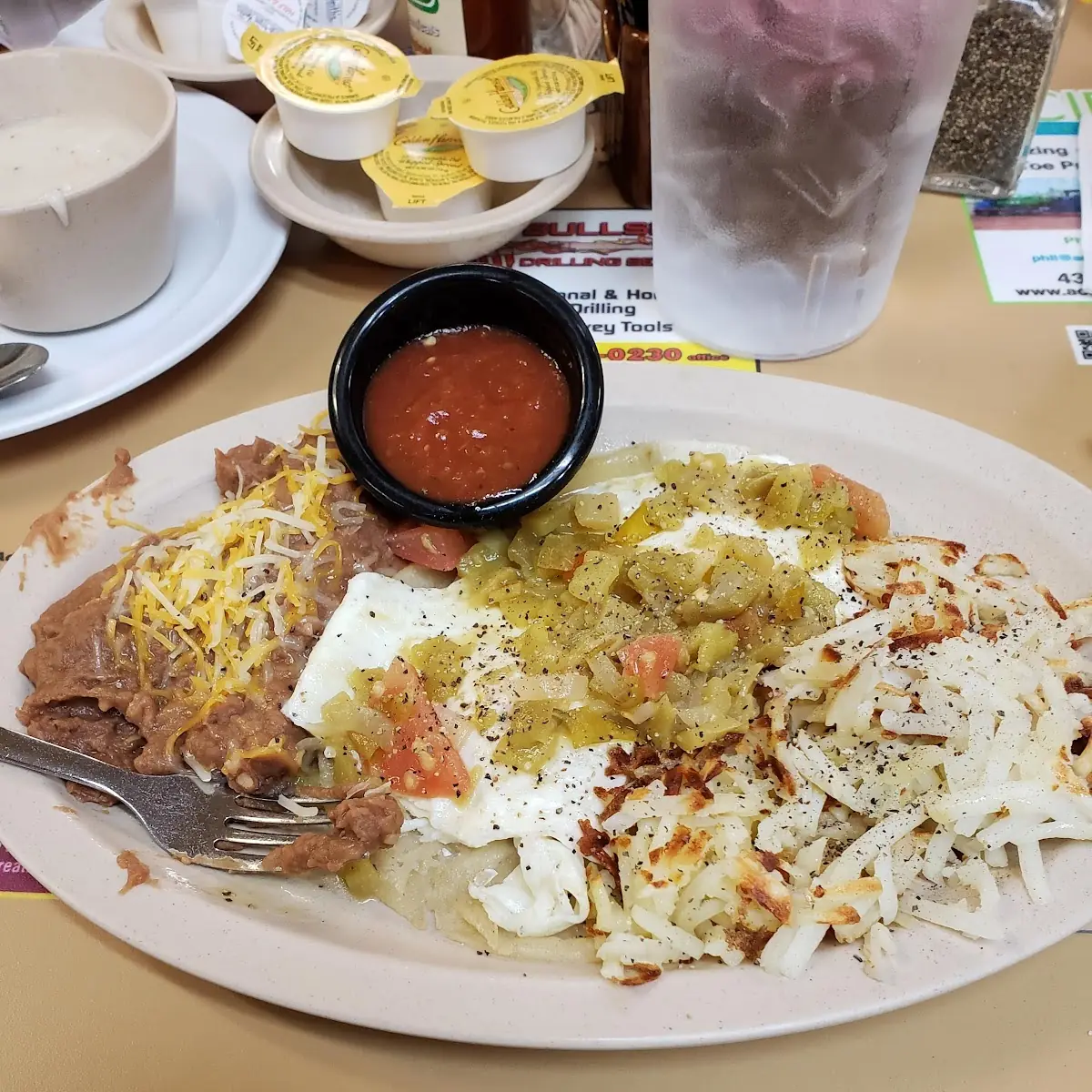 Eggs Hashbrowns and Refried Beans