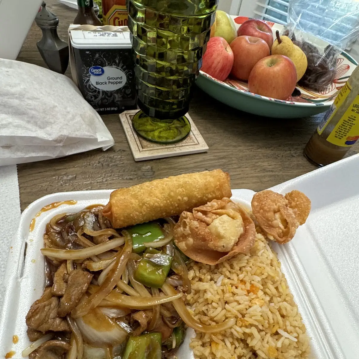 Pepper Beef Fried Rice and Egg Roll