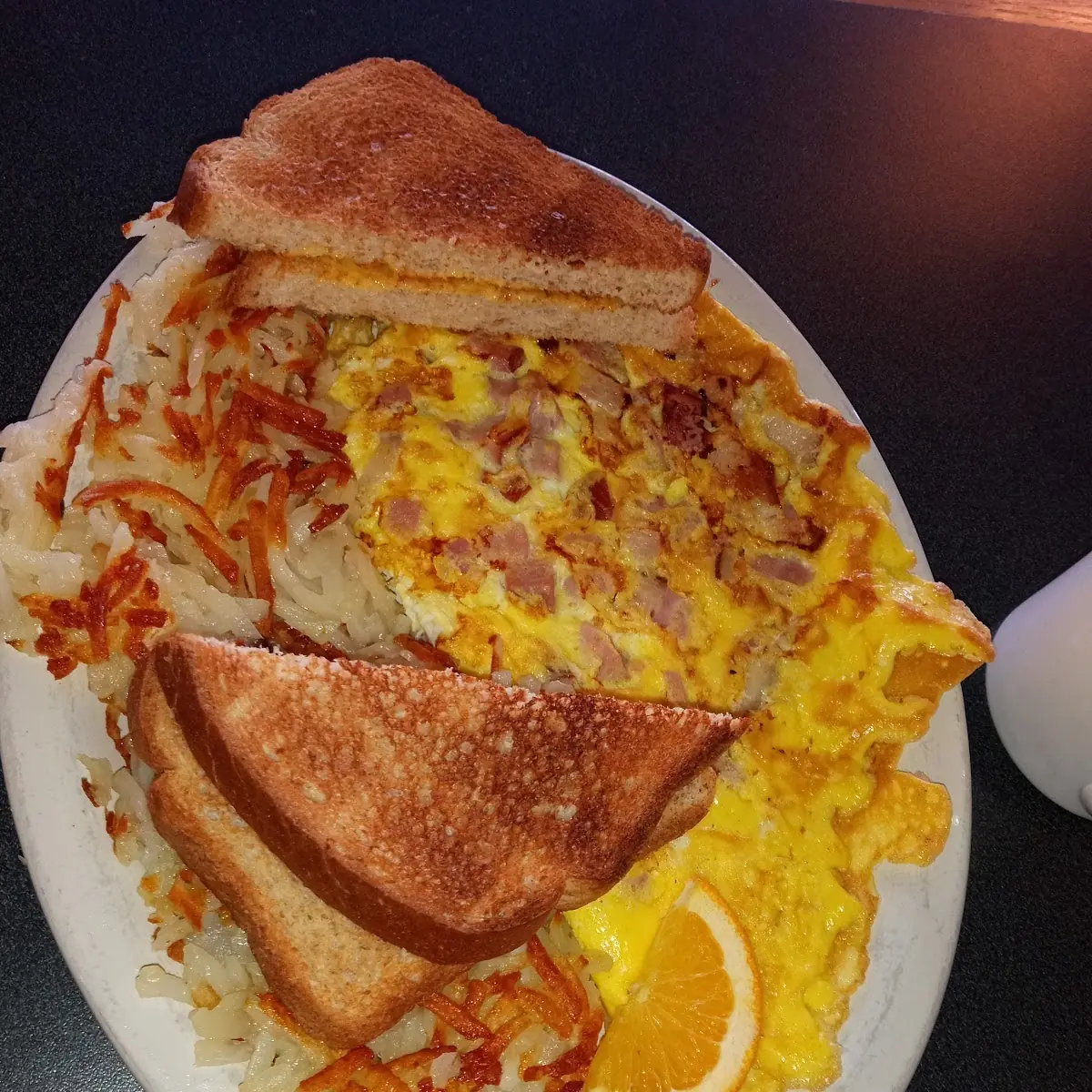 Ham and Cheese Omelette with Hash Browns on the Side