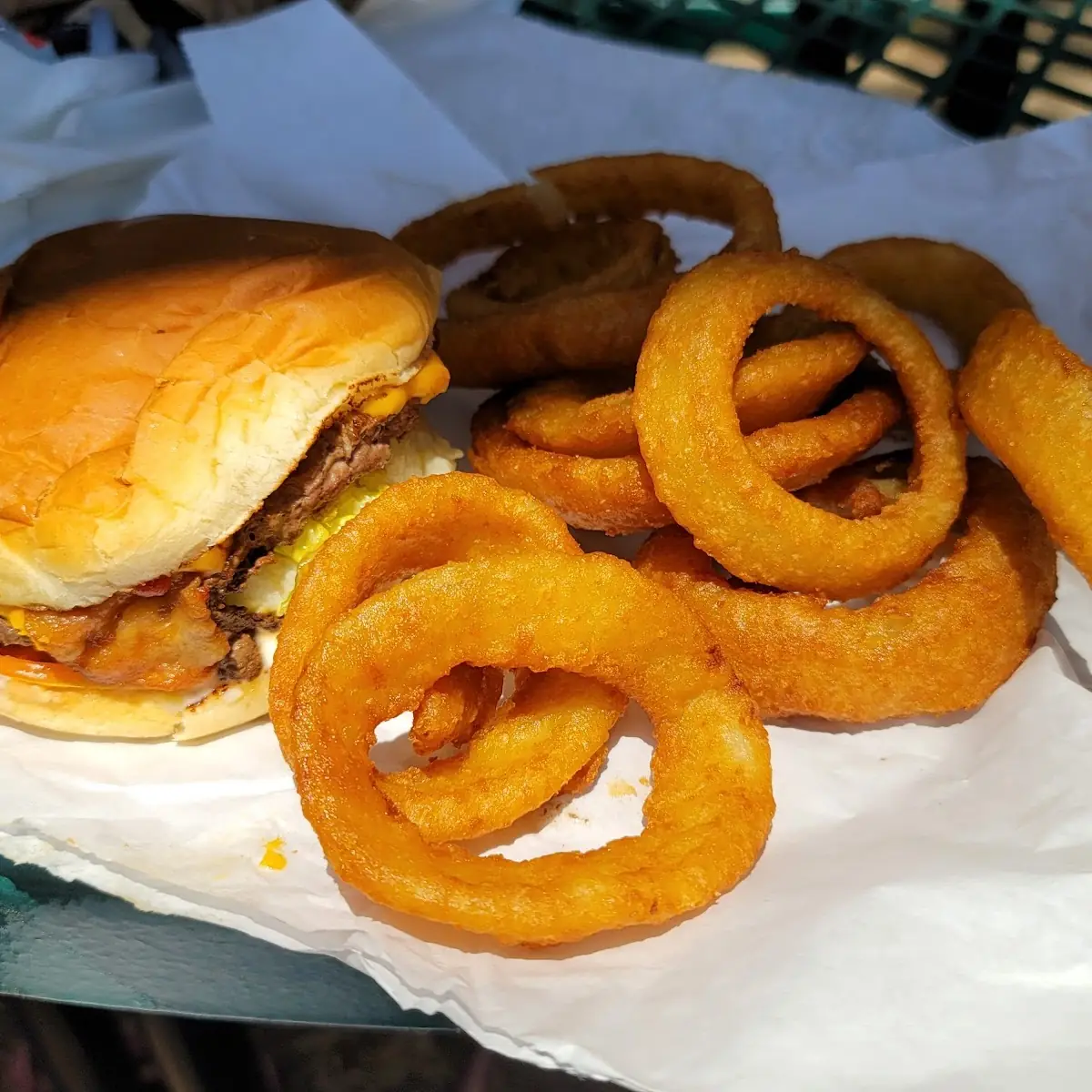 Bacon Cheeseburger and Onion Rings