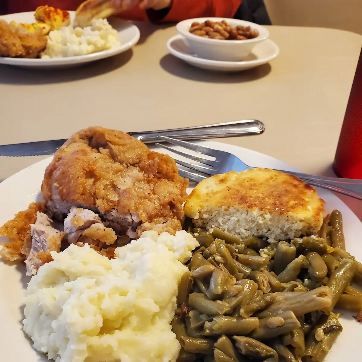 Fried Pork Chop Mashed Potatoes Green Beans and Corn Bread