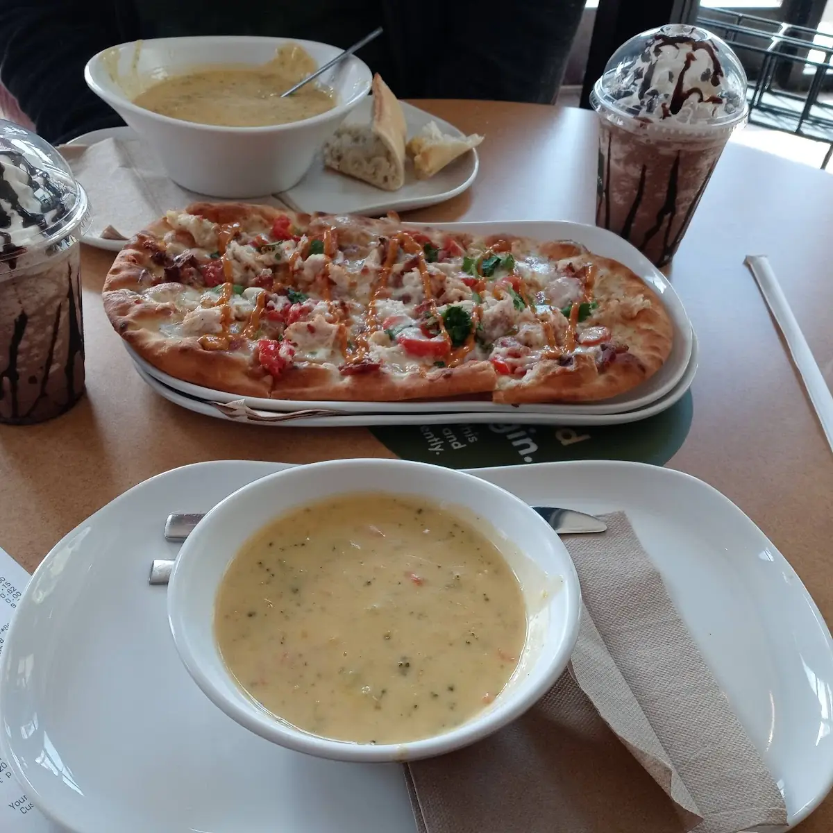 Flatbread Pizza Cheddar Broccoli Soup Mocha Cold Brew