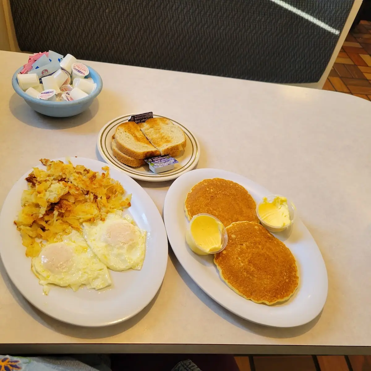 Eggs Hash Browns and Pancakes