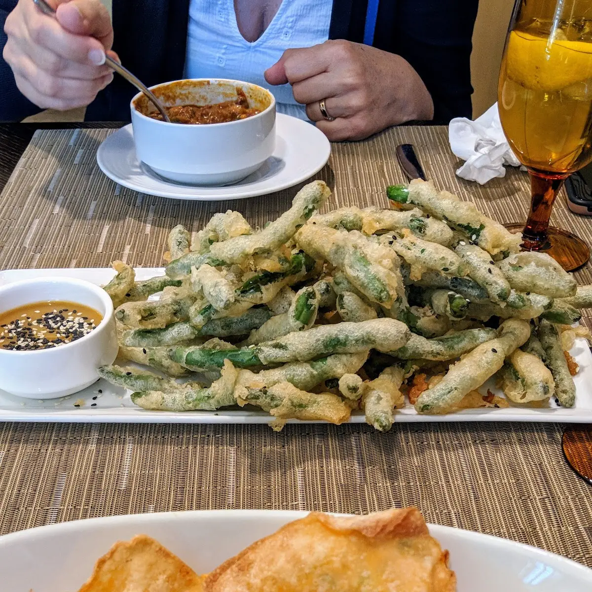 Crispy Won Tons Tempura Green Beans Chill Soup