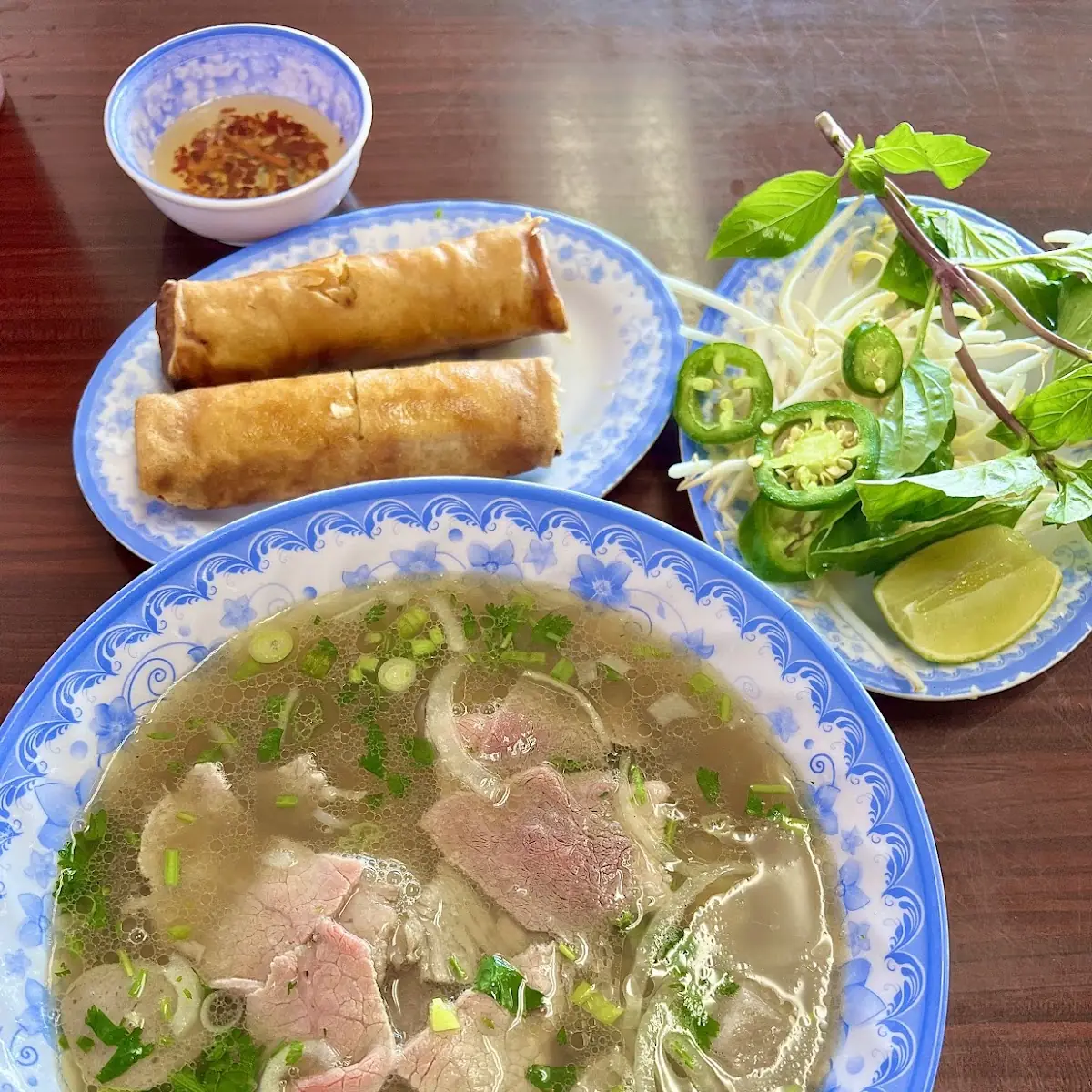 Beef Noodle Soup and Fried Spring Rolls