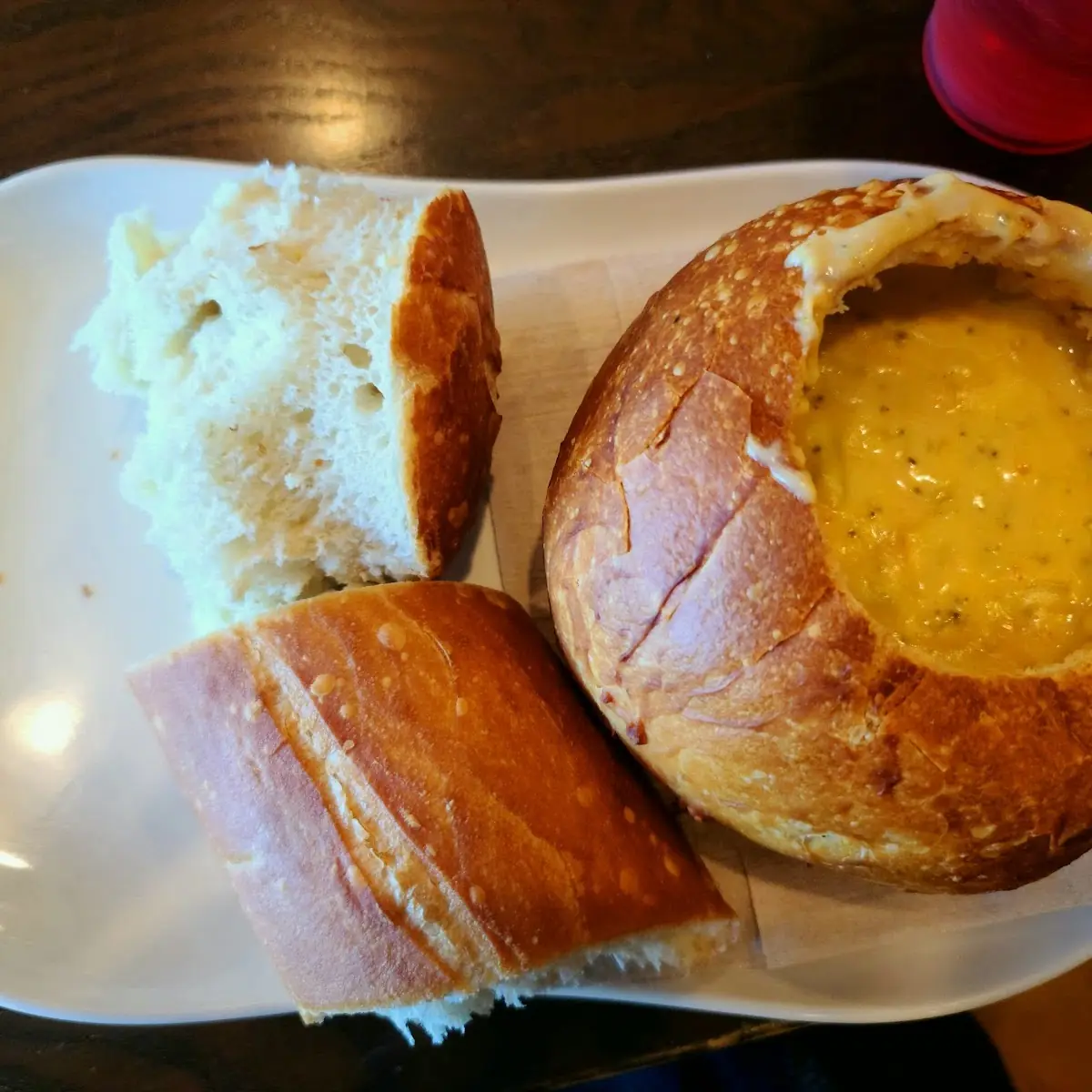 Broccoli and Cheese Bread Bowl of Soup