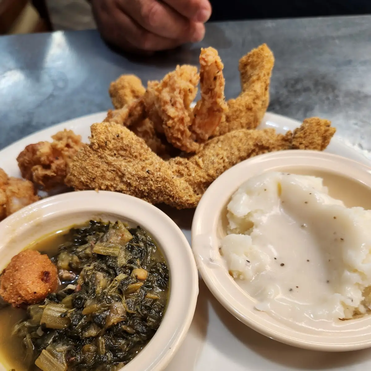 Fried Fish and Shrimp with Turnip Greens and Mashed Potatoes with Gravy