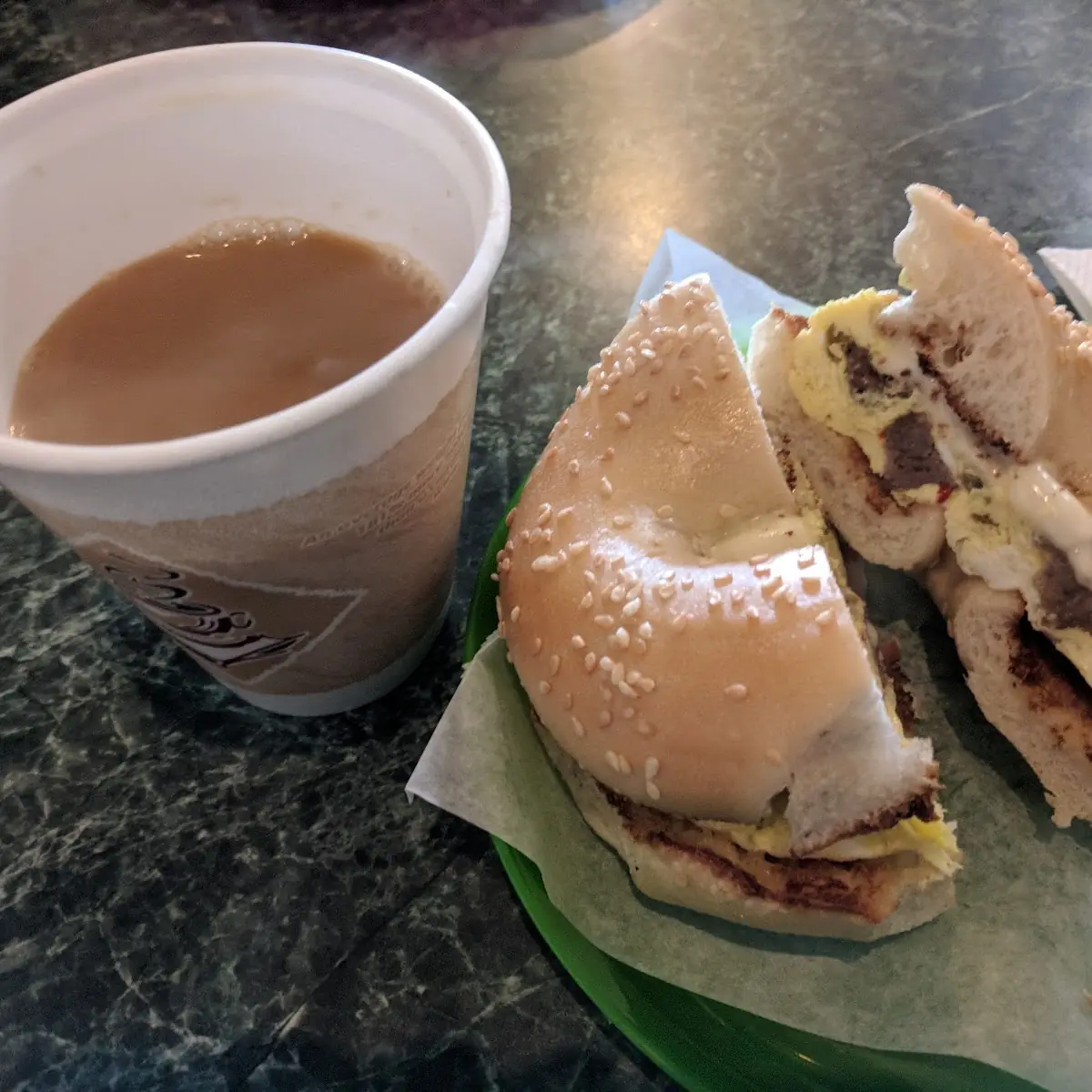 Coffee and Southside Bagel Breakfast Sandwich