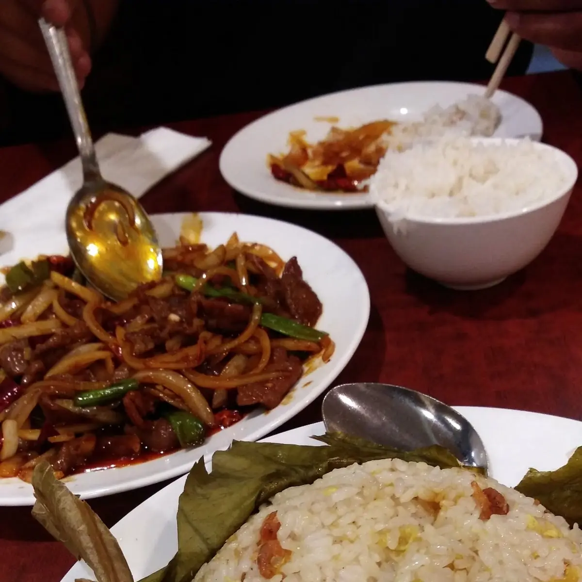 Lotus Leaf Shrimp Fried Rice with Mongolian Beef