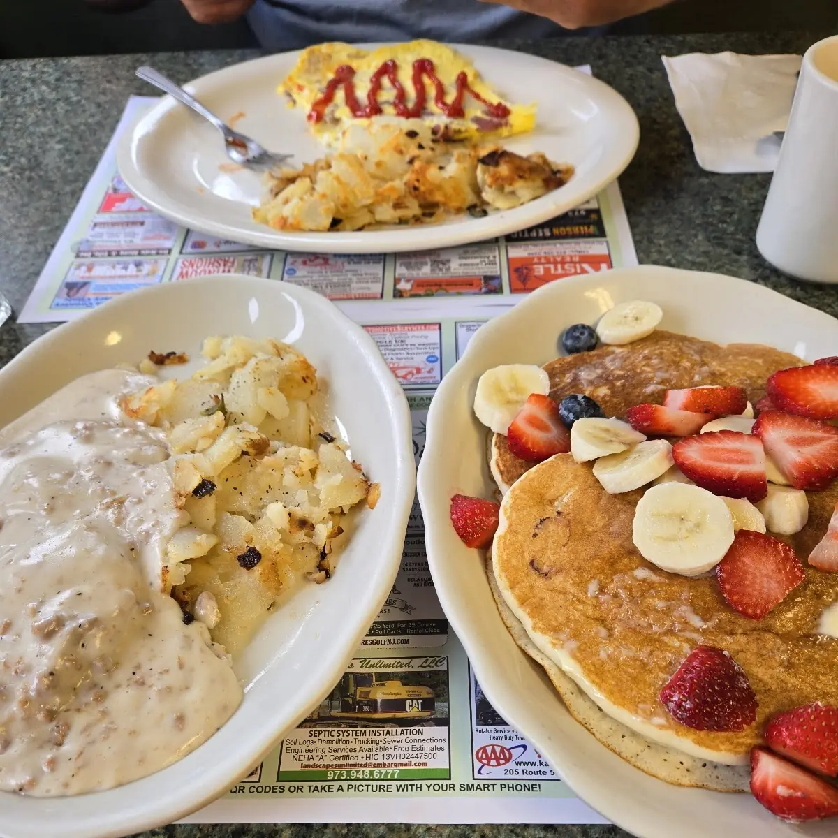 Biscuits and Gravy and Pancakes with Fruit
