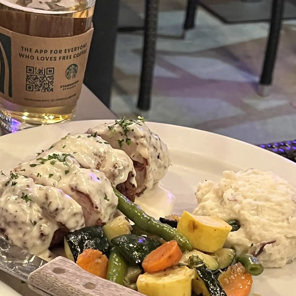 Chicken Cordon Bleu with Veggies and Mashed Potatoes