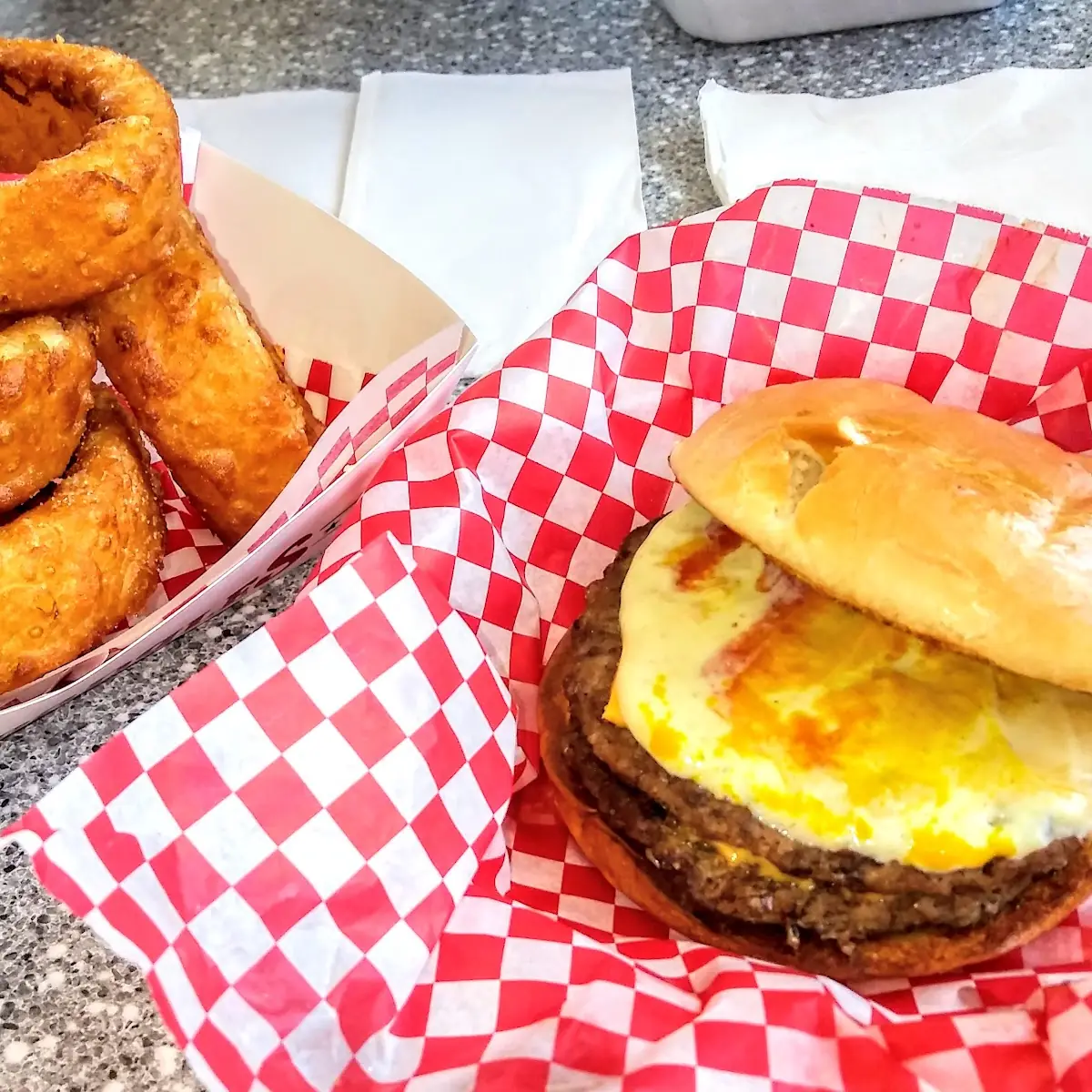 Onion Rings and Egg Sandwich