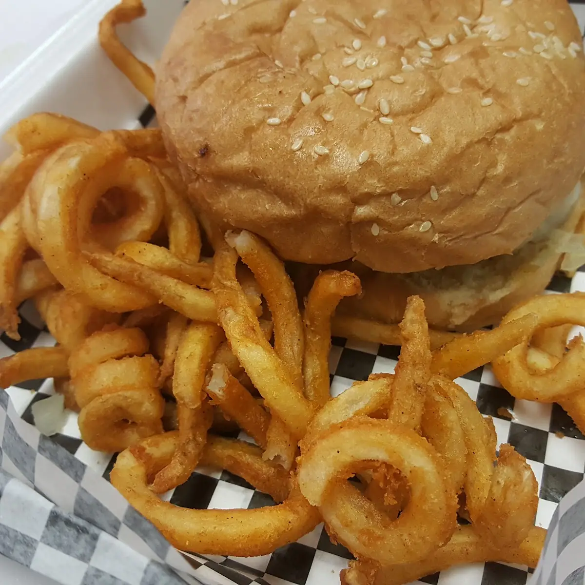 Cheddar Bacon Burger with Curly Fries