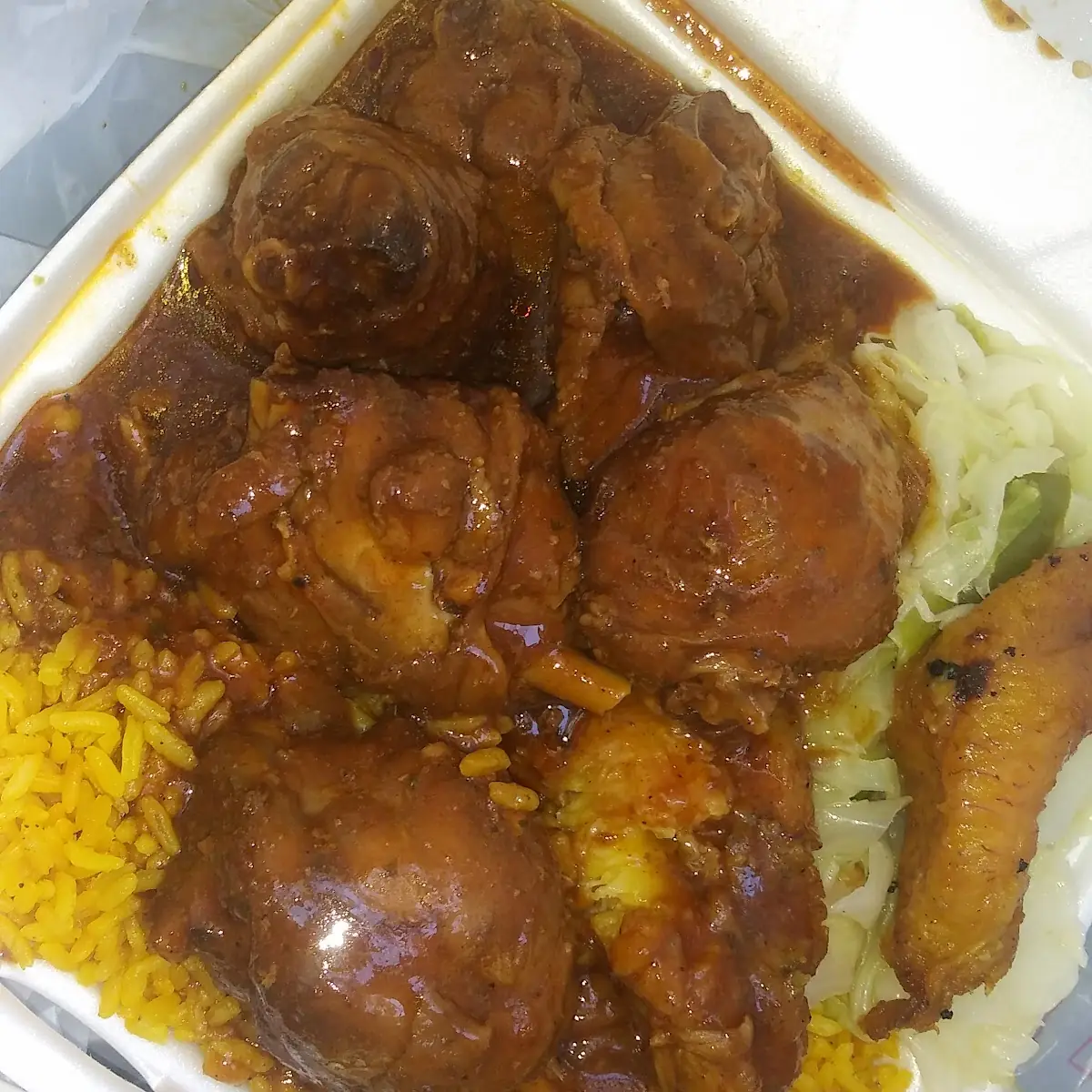 Brown Stew Chicken Rice & Plantains