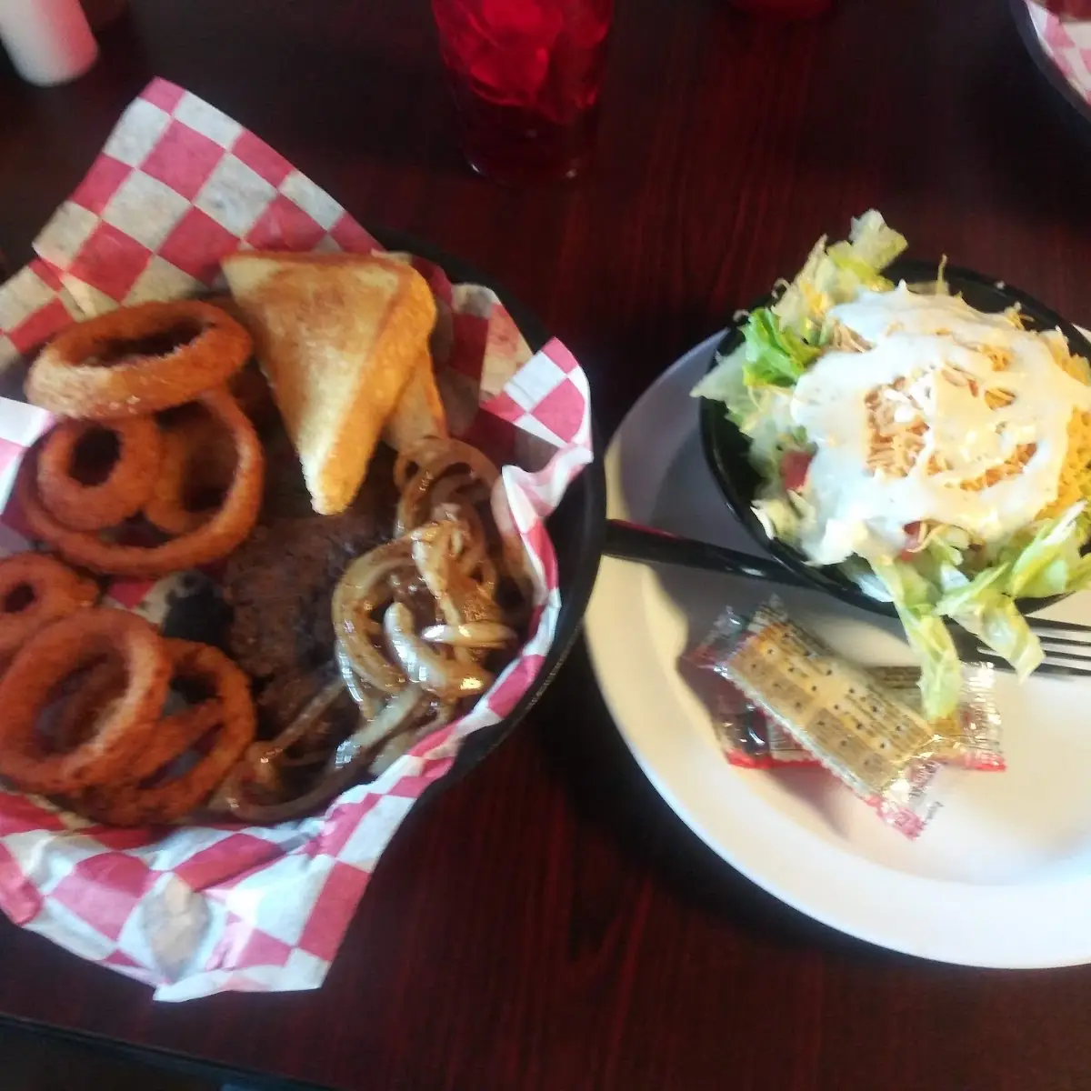 Hamburger Steak with Side Salad and Onion Rings