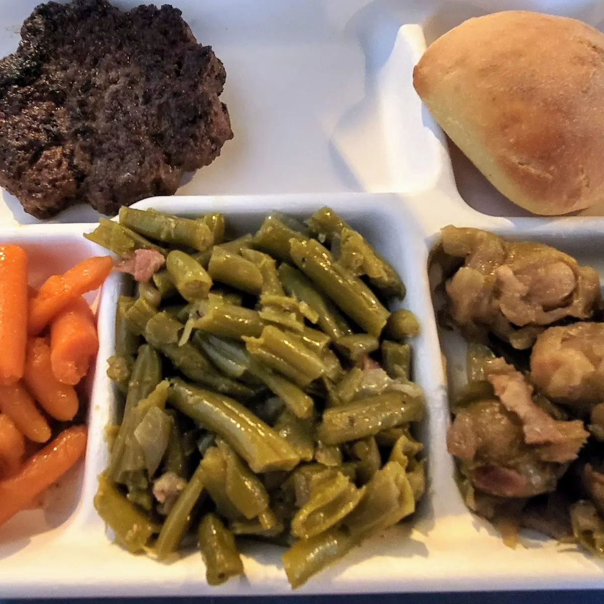 Hamburger Steak Brussels Sprouts Green Beans & Roll