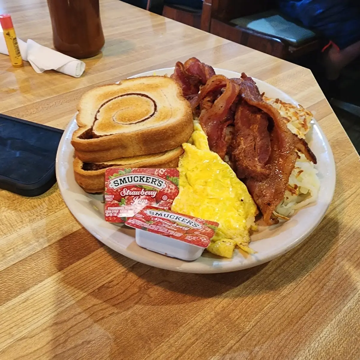 Scrambled Eggs Hash Browns Cinnamon Toast Bacon