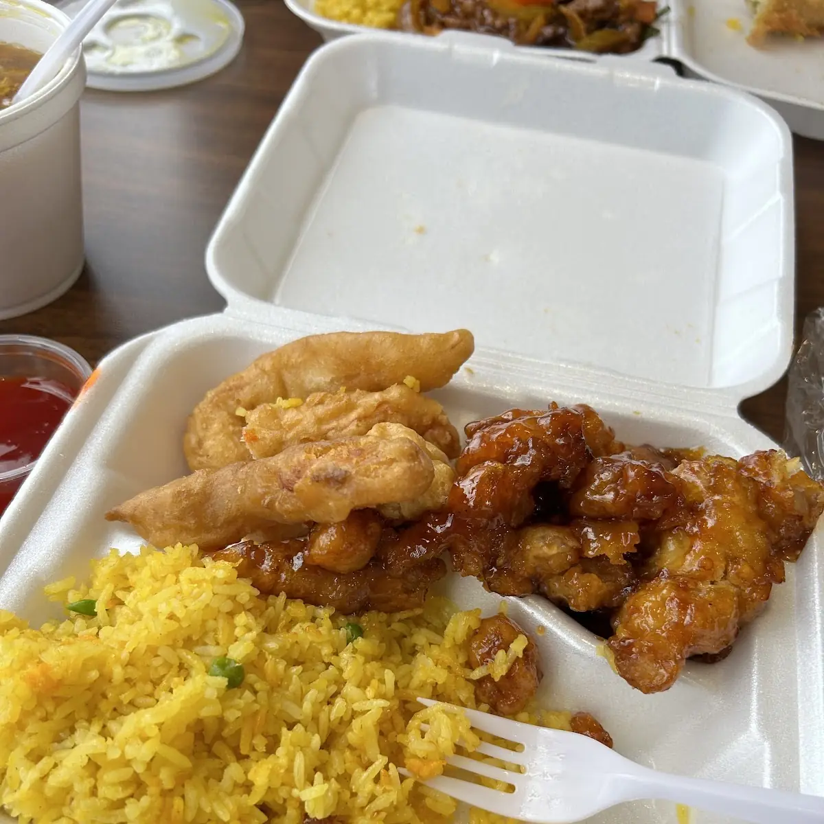 Honey Chicken Broccoli Beef Rice and a Egg Roll