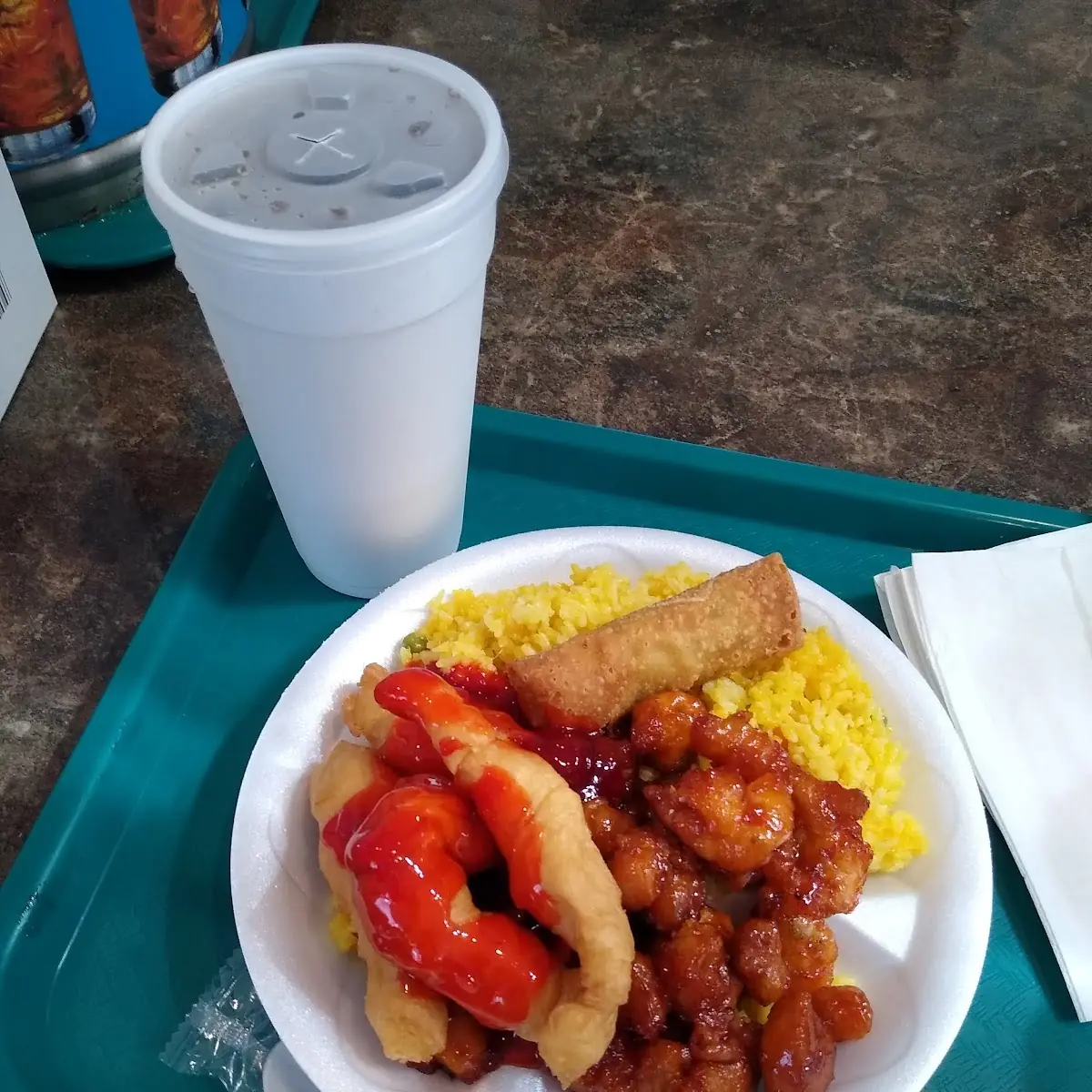 Orange Chicken Sweet and Sour Chicken Fried Rice and an Egg Roll