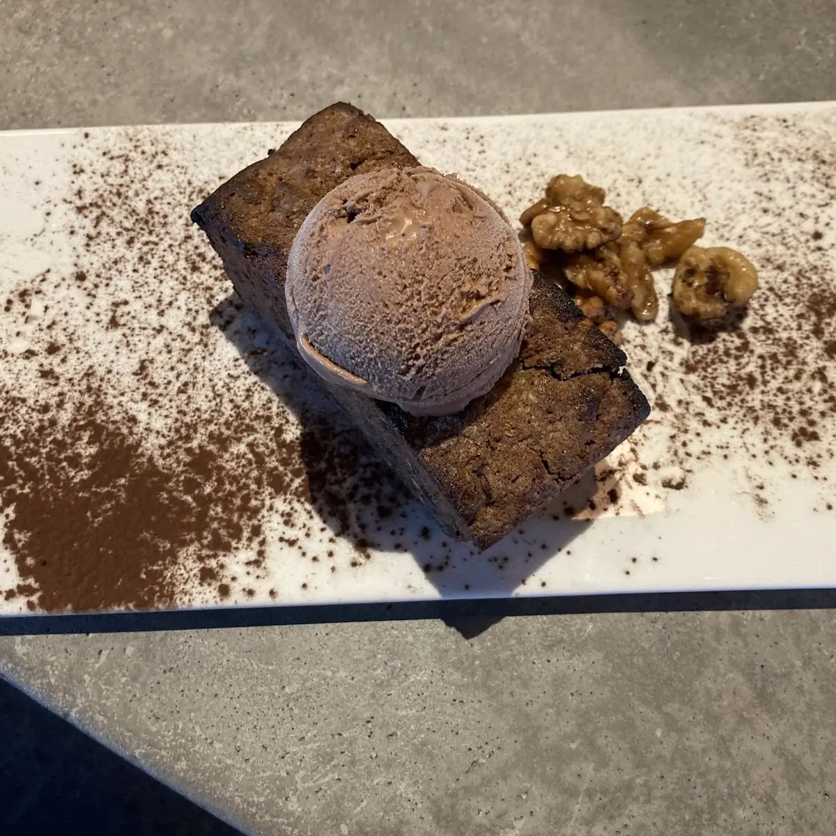 Homemade Dark Chocolate Apple Cake Topped with Chocolate Coffee Ice Cream and Dressed with Fresh Ras
