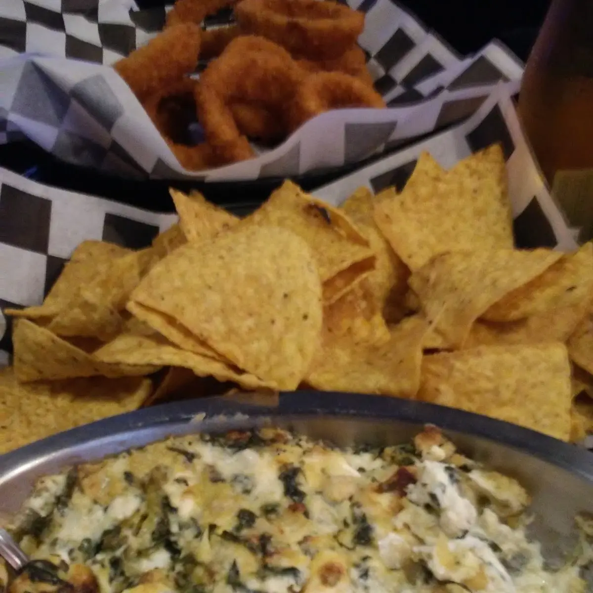 Artichoke Dip with Chips and Onion Rings
