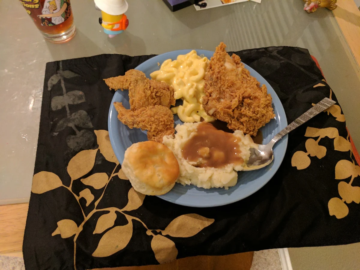 Fried Chicken Mashed Potatoes with Gravy Macaroni and Cheese and Biscuit