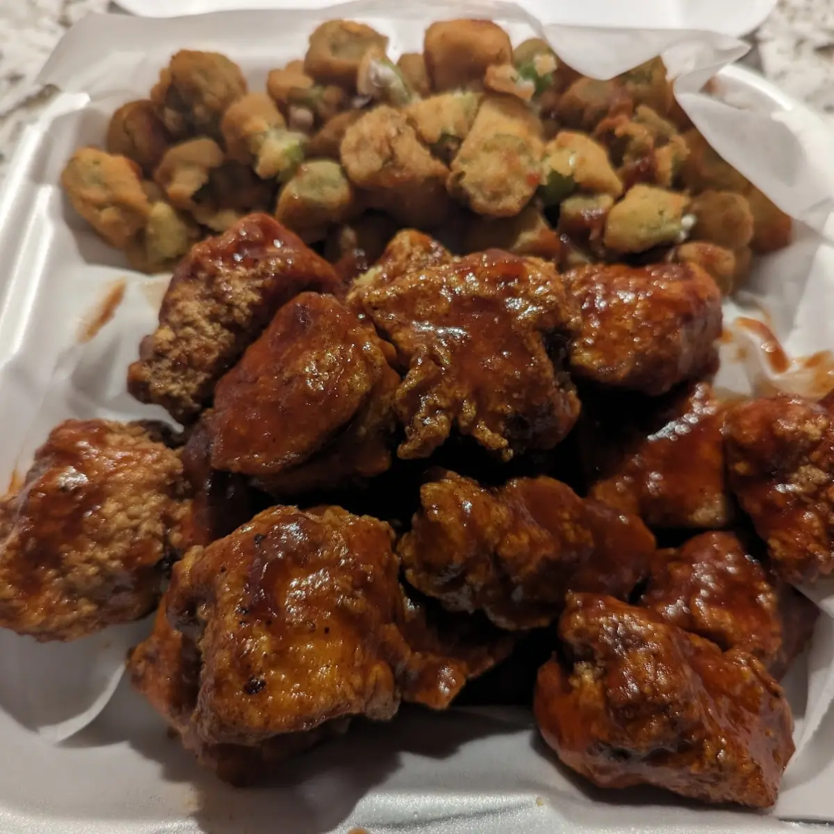 Honey BBQ Boneless Wings with Fried Okra