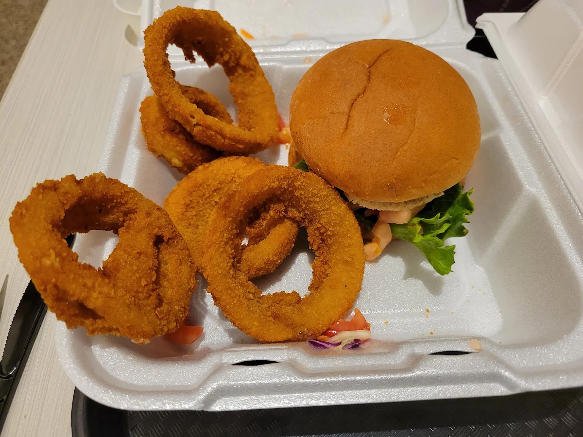 Salmon Burger with Onion Rings