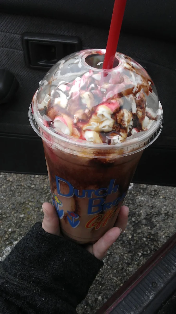 Blended Dark Chocolate Raspberry Mocha with Whip Caramel and Chocolate Drizzle