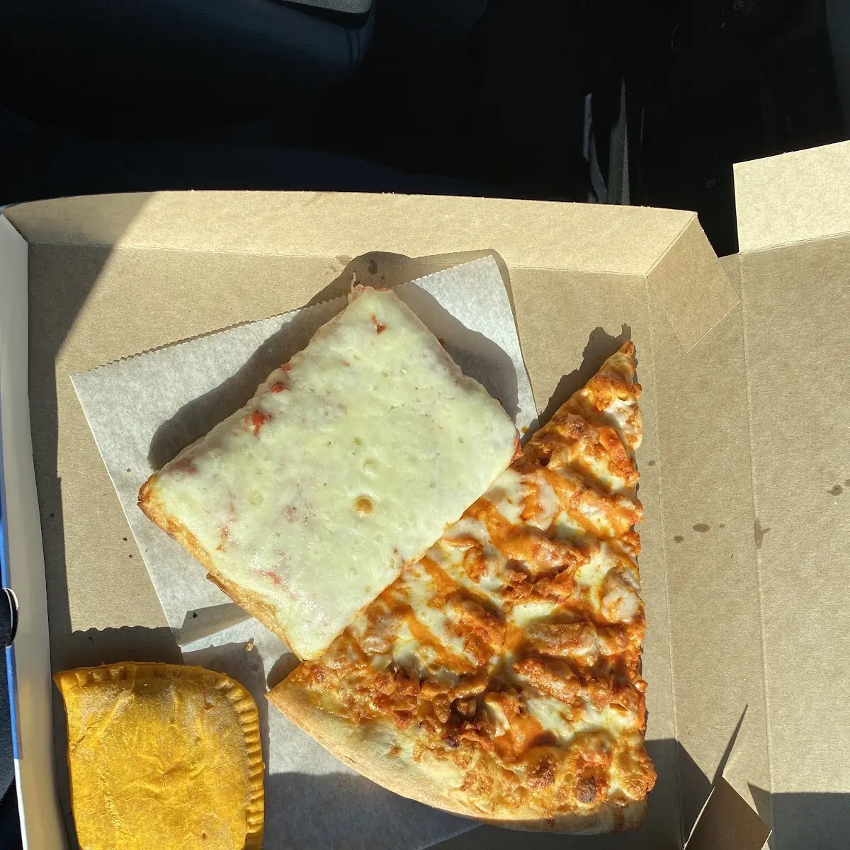 Buffalo Chicken Slice Sicilian Slice & a Beef Patty
