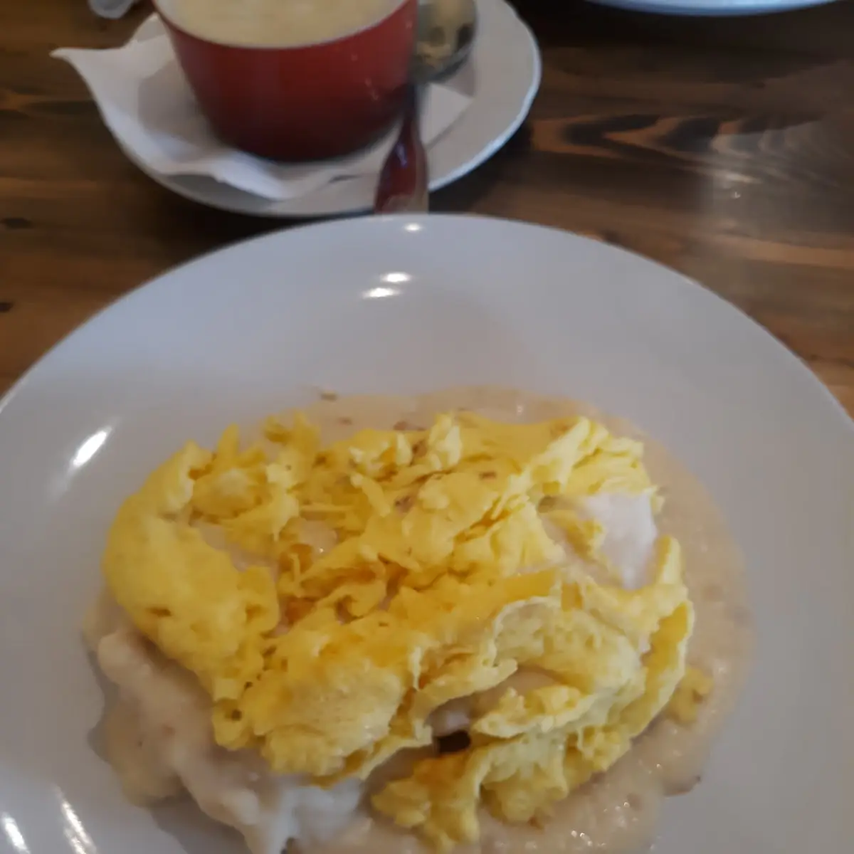 Biscuits and Gravy with Scrabbled Eggs on Top