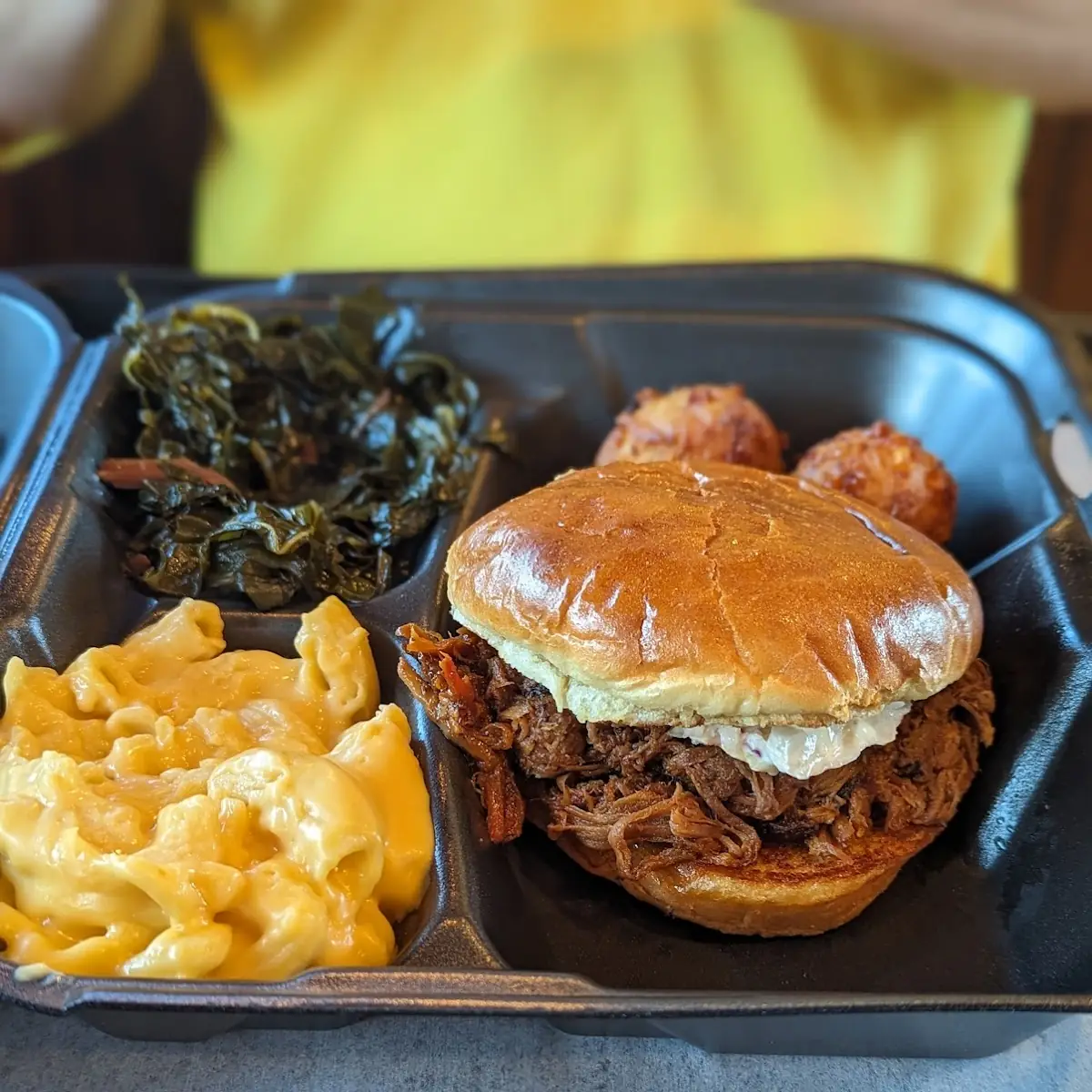 Pulled Pork Sandwich Mac and Cheese Collard Greens