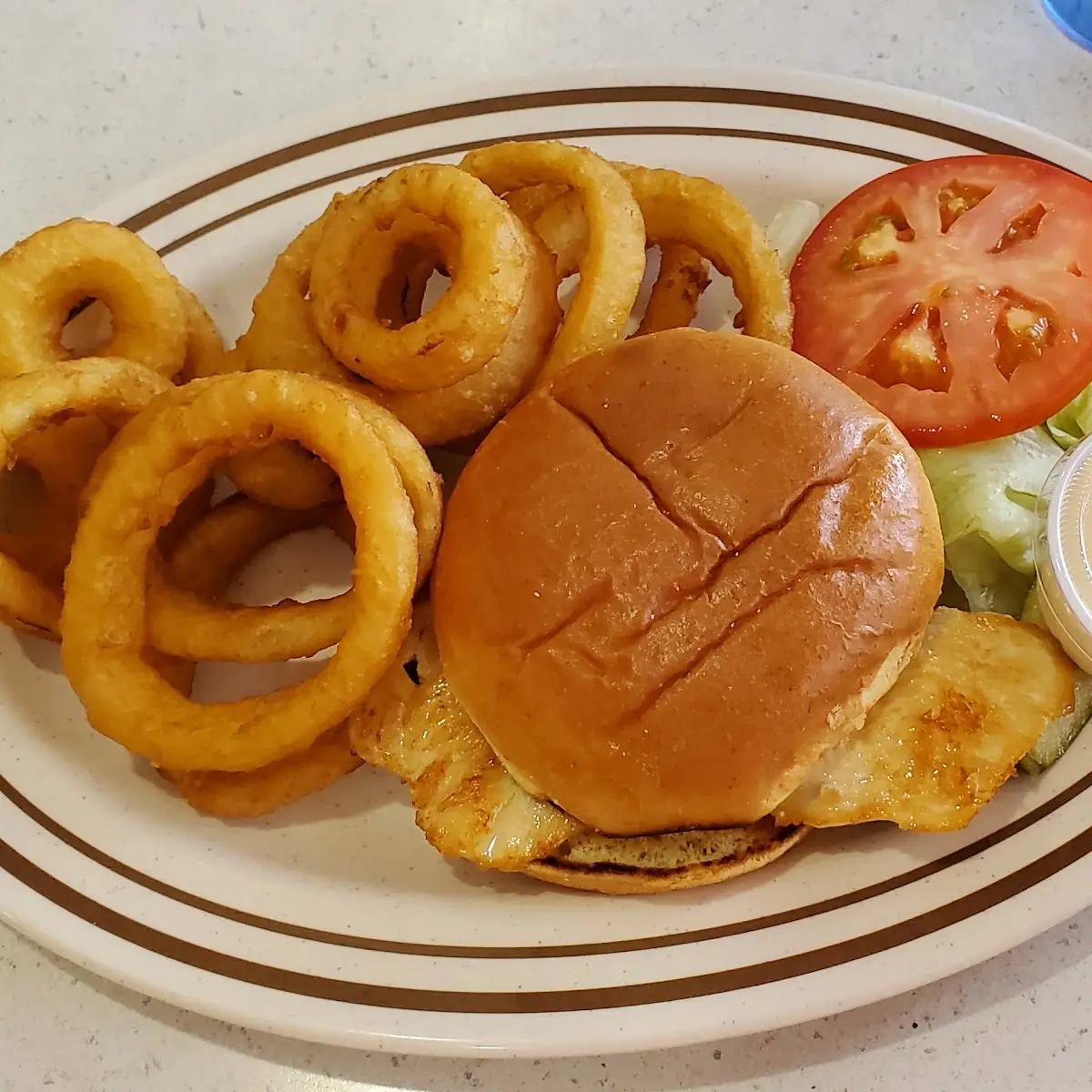 Grilled Chicken Sandwich with Onion Rings