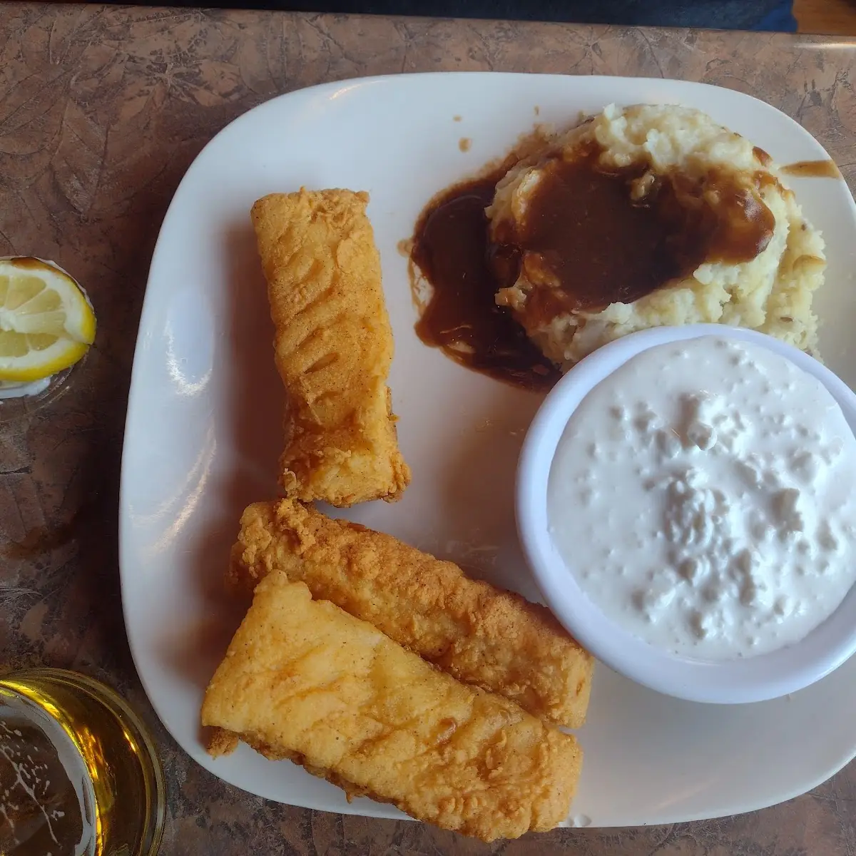 Cod Fish w Mashed Potatoes Beef Gravy