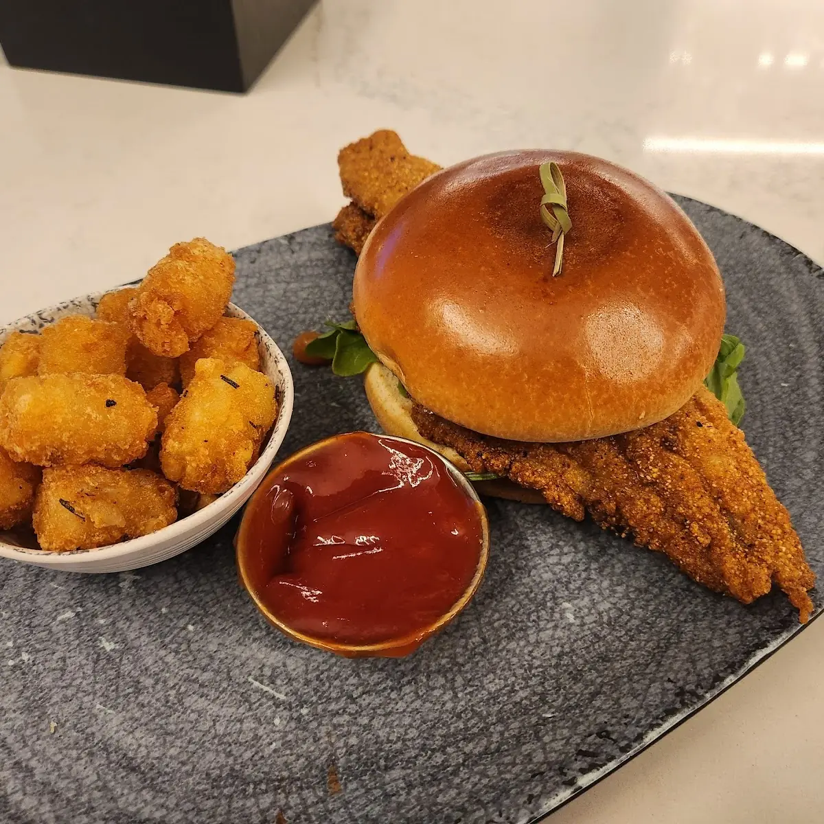 Catfish Sandwich and Tots