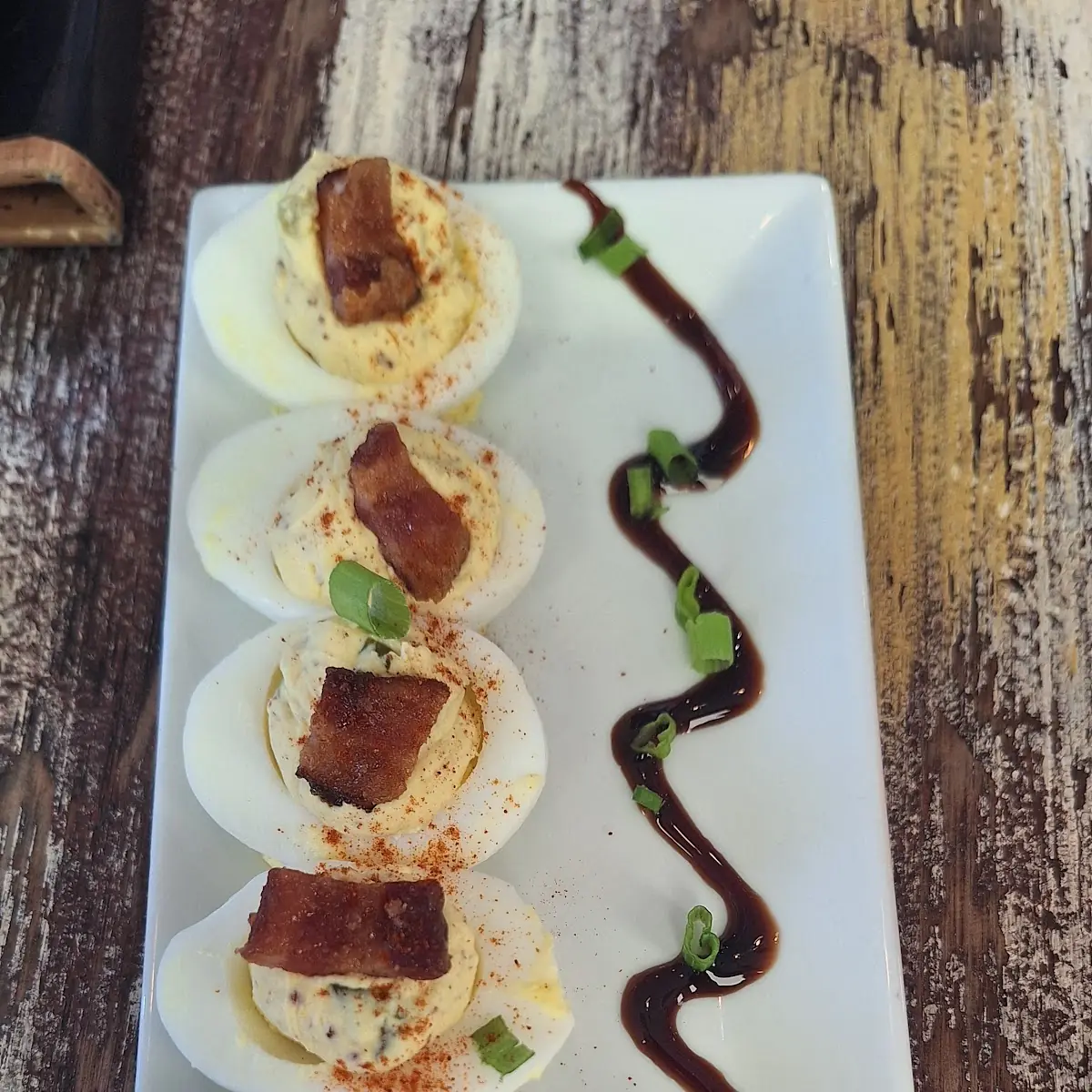 Deviled Eggs w Candied Bacon