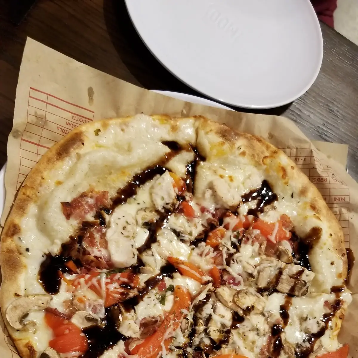 Chicken Bacon Asiago Mozzarella Roasted Red Peppers Mushrooms w Balsamic Fig Drizzle
