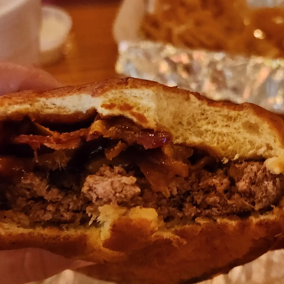 Low and Slow Burger with Onion Rings