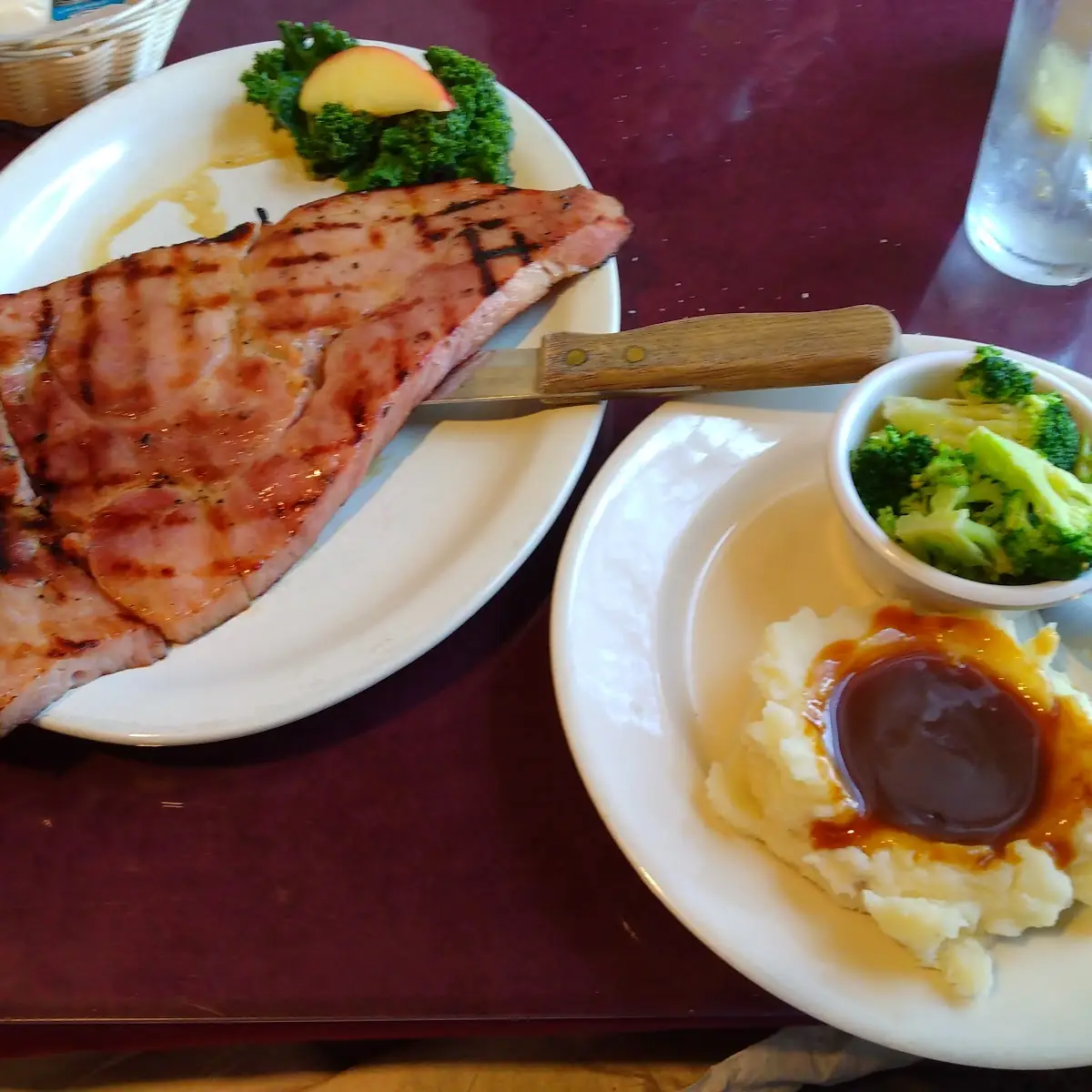 Ham Steak w Mashed Potatoes and Gravy and Broccoli