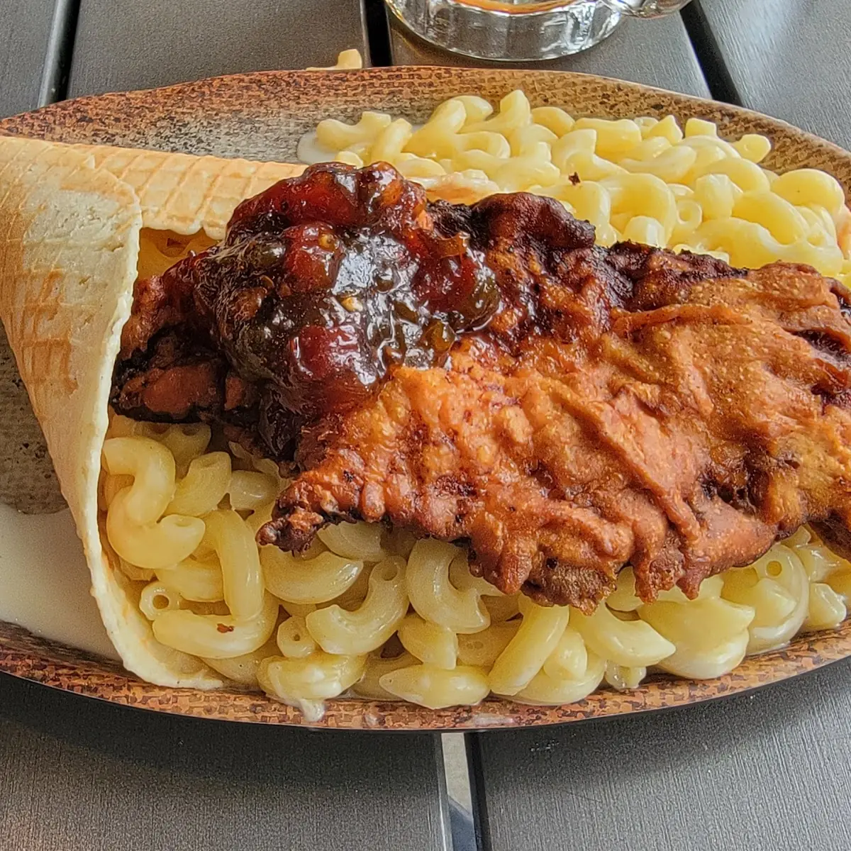 Fried Chicken with Mac N Cheese in a Waffle Cone