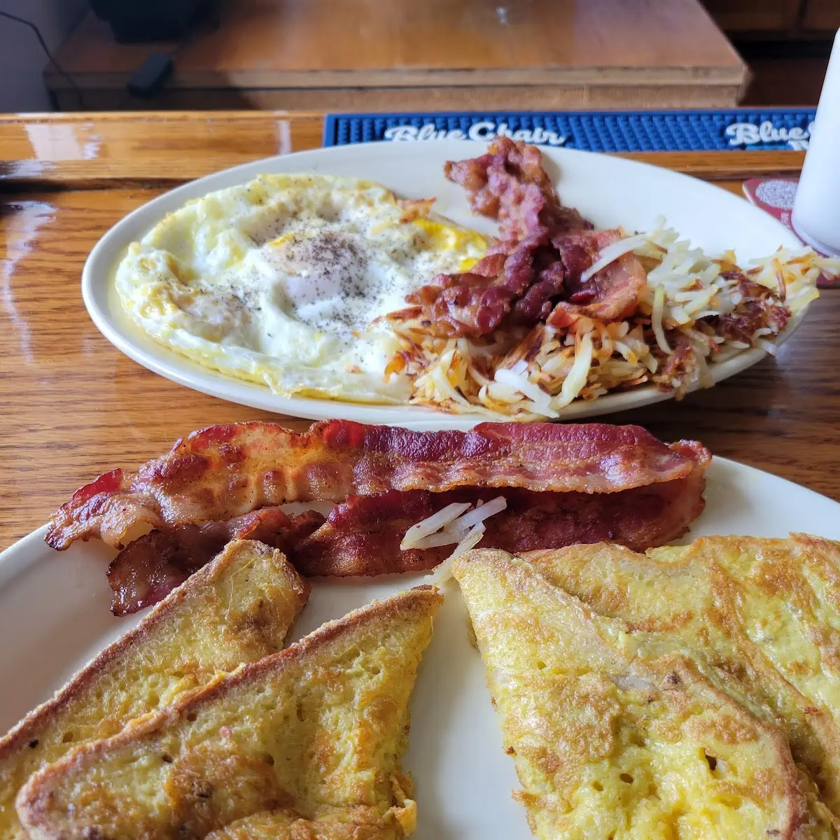Scrambled Easy Eggs with Bacon Sausage Toast and Hash Browns with Grilled Onions