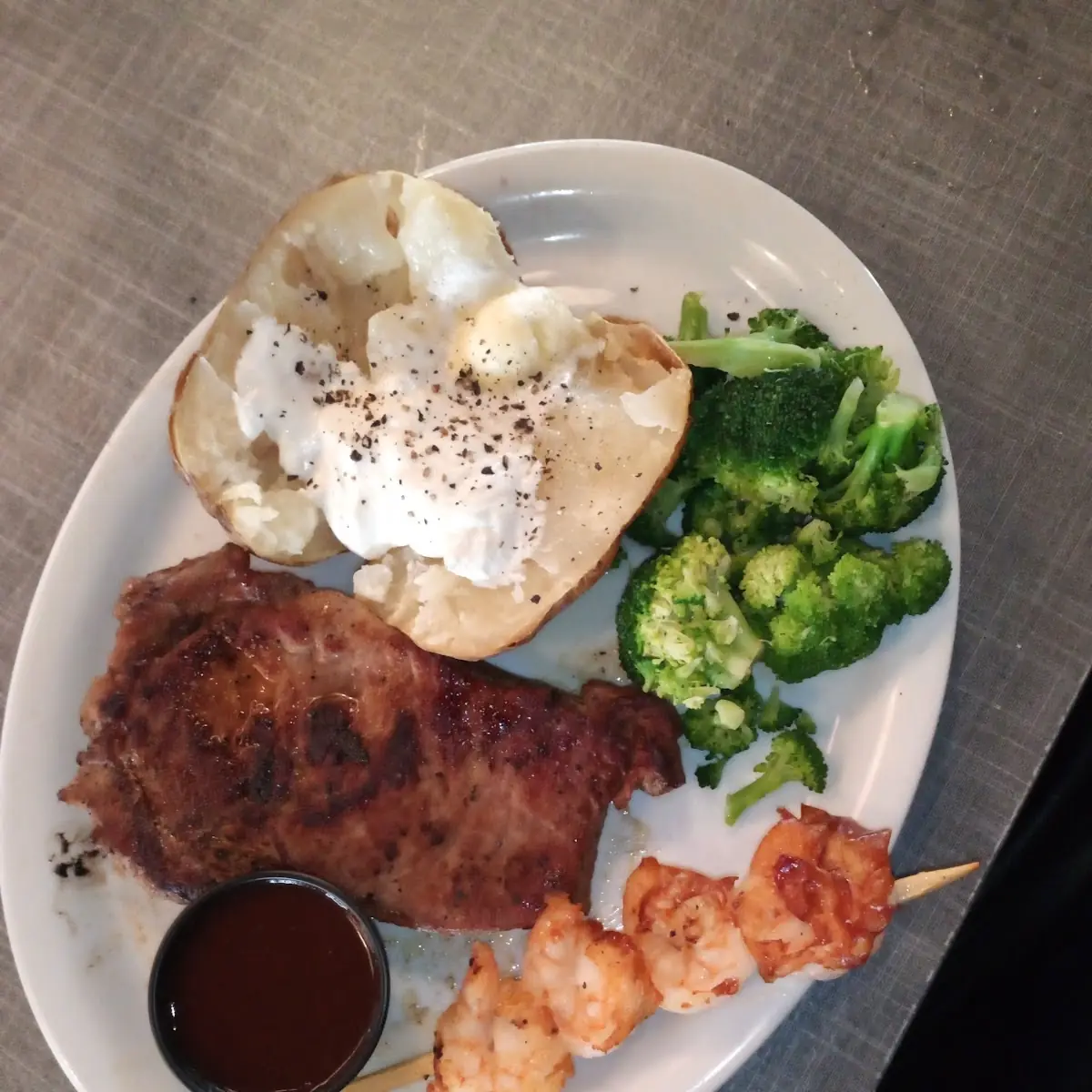 Steak and Shrimp w Broccoli & Bake Potato