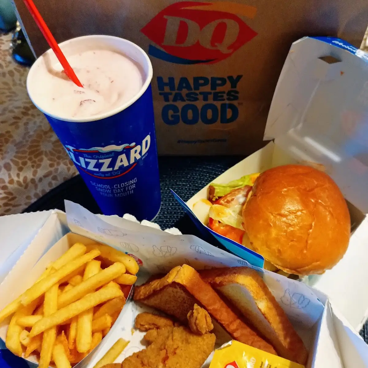 Chicken Strips Wfries Stacker Burger and Blizzard