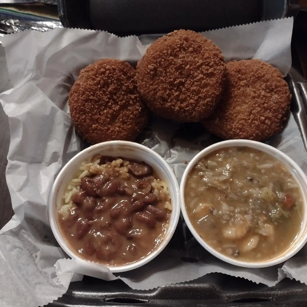 Crab Cakes Red Beens and Rice Gumbo