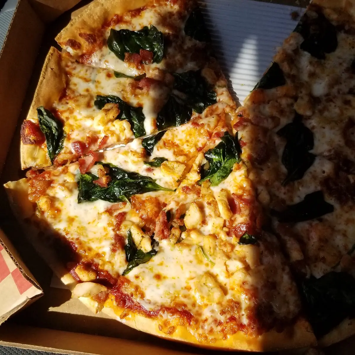 Thin Crust Chicken Bacon and Spinach Pizza