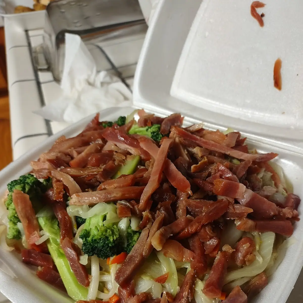 Pork Chow Mein with Extra BBQ Pork Add Broccoli