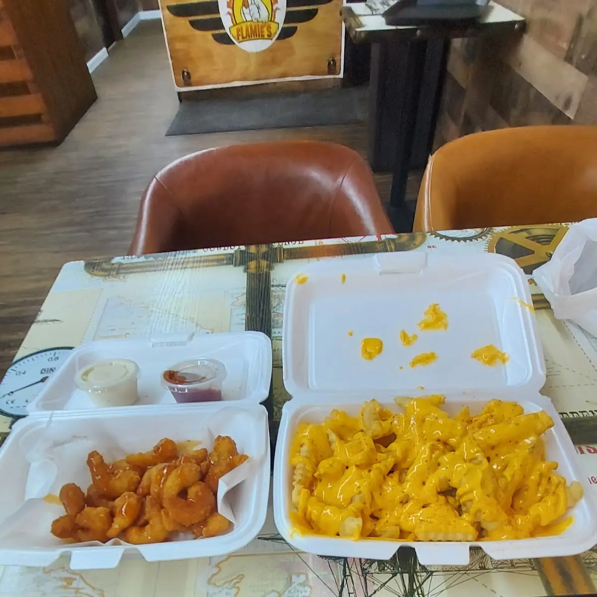 Cheese Fries and Popcorn Shrimp Basket