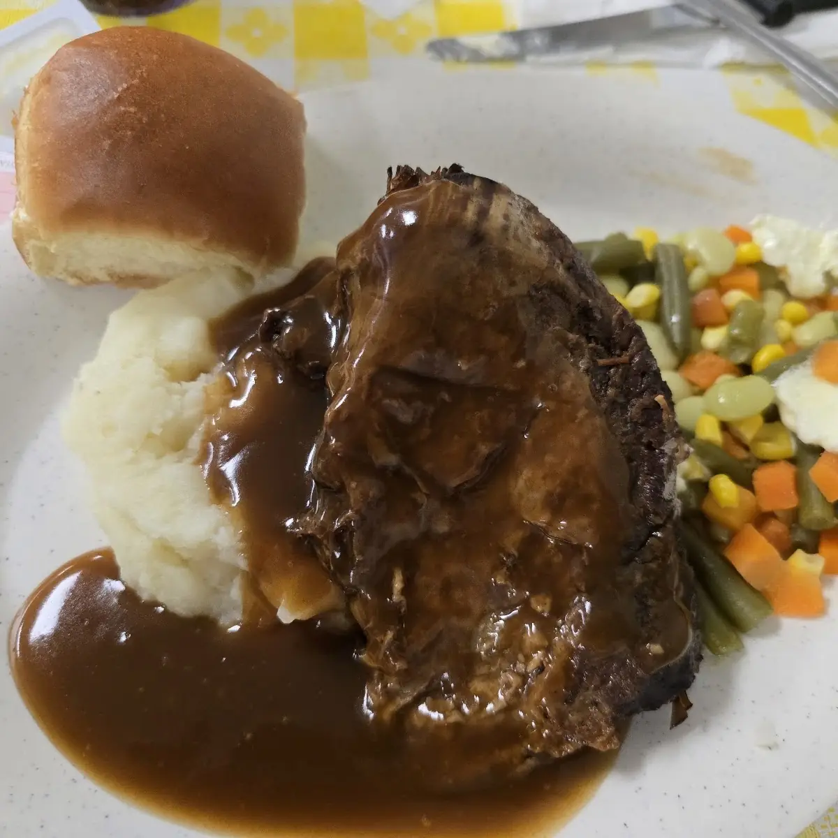 Pot Roast with Mashed Potatoes and Mixed Veggies