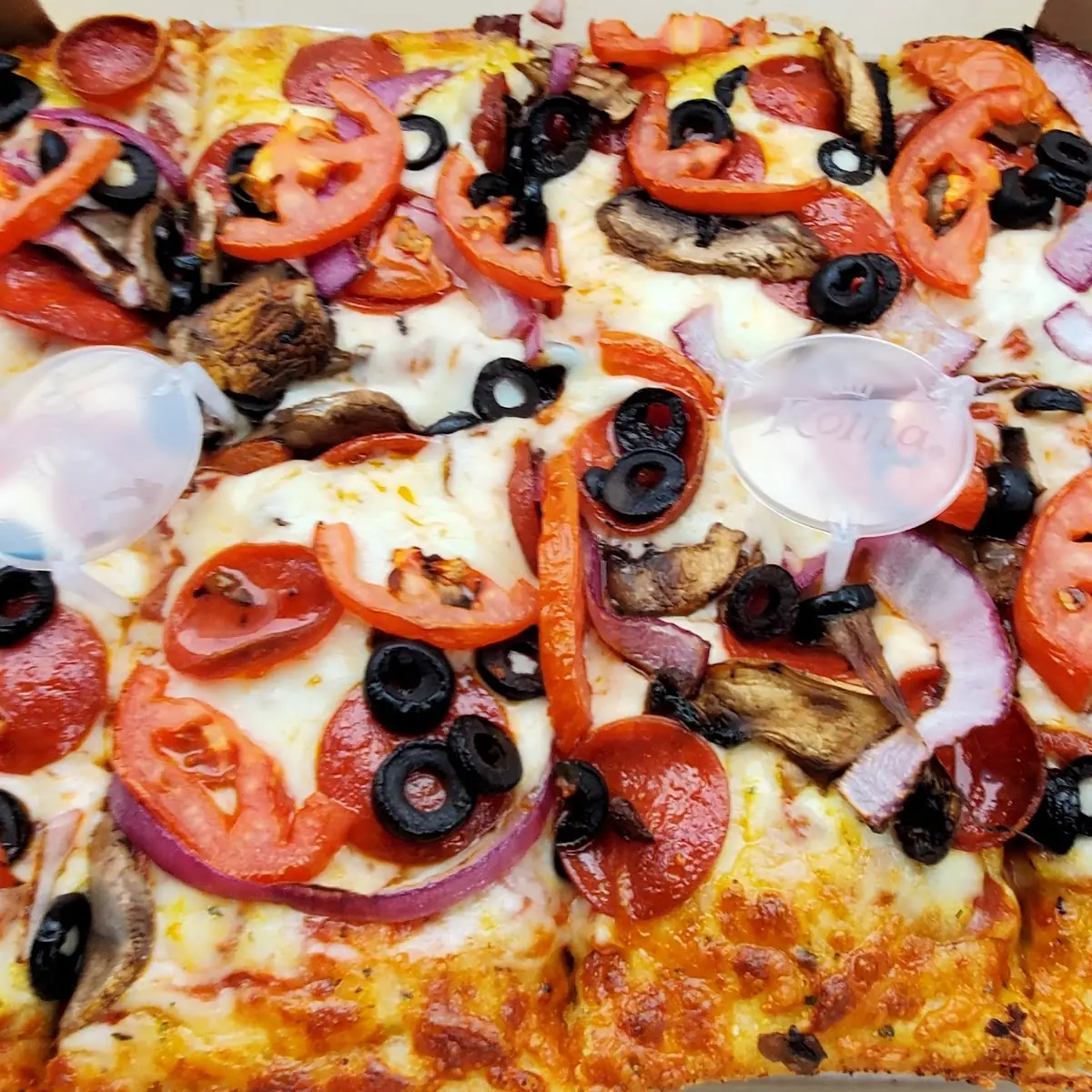 Deep Dish Pepperoni Mushroom Olive Tomato Onion Pizza